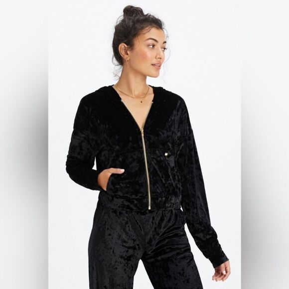Fabletics Crushed Velour Velvet Zip-Up Hoodie - Black - Picture 1 of 7